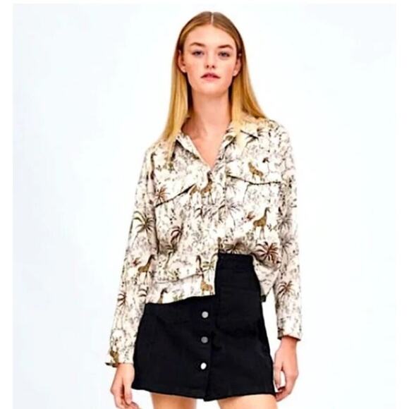 Zara Tops - Zara Trf Collection Women's XS Button Down Top Blouse Giraffe Safari Print Satin